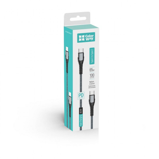 COLORWAY Kábel, Type-C - Type-C (PD Fast Charging 65W) 3.0A 1m gray (CW-CBPDCC040-GR)