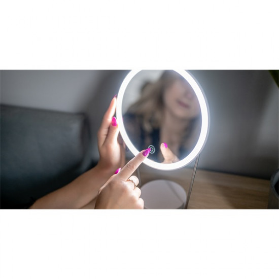 HUMANAS ML01 kerek akkumulátoros sminktükör, LED, 1200 mAh, 20 cm átmérő, 180°, falra is szerehető