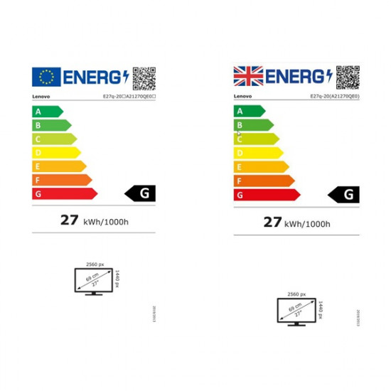 LENOVO Monitor - ThinkVision E27q-20; 27" QHD 2560 x 1440 IPS, 16:9, 1000:1, 350cd/m2, 6ms, HDMI, DP