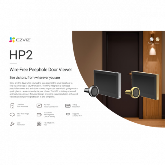 EZVIZ HP2 vezeték nélüli kukucskáló beltéri képernyővel, élő képpel, 4,3 színes képernyő, 1080p, 146° látószög, 2200 mAh