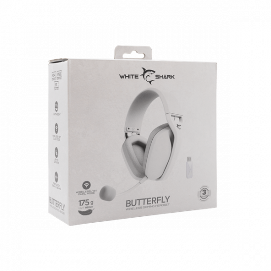 WHITE SHARK BUTTERFLY-W, GH-2442W, vezeték nélküli gamer fejhallgató, fehér