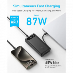 ANKER Powerbank 20000mAh, 65W, 1xUSB-C, 1xUSB-A, Beépített USB-C töltő kábel, fekete - A1383H11