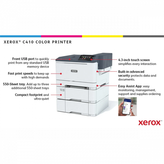 XEROX Színes lézernyomtató C410, A4, 40 l/p, duplex, 125.000 ny/hó, 1GB, LAN/USB/WiFi, 1200x1200dpi, 250 lap adagoló