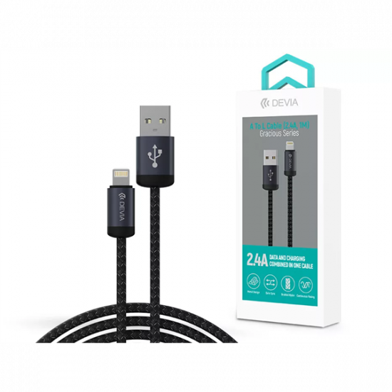 DEVIA ST108035 Gracious v2 12W USB/Lightning 1m -es fekete adat-és töltőkábel