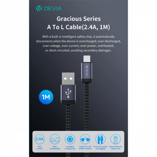 DEVIA ST108035 Gracious v2 12W USB/Lightning 1m -es fekete adat-és töltőkábel