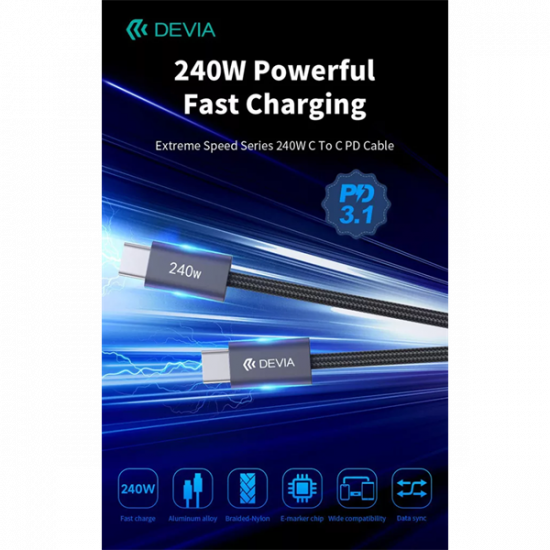 DEVIA ST108721 Extreme Speed PD 240W Type-C/Type-C 2m-es fekete adat-és töltőkábel
