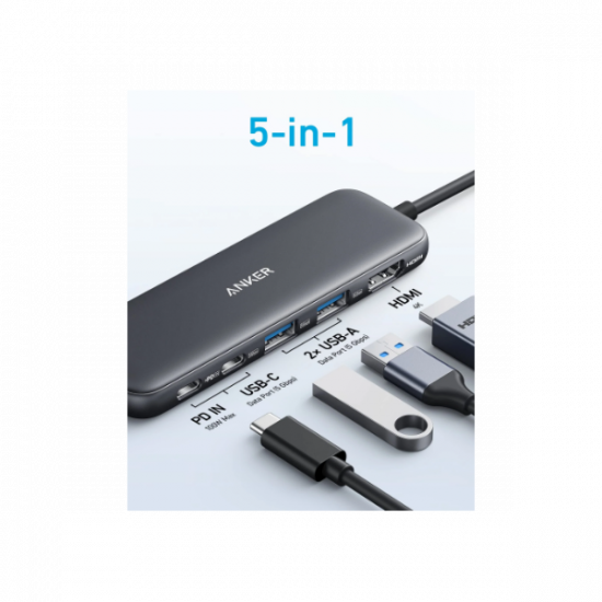 ANKER USB HUB, 322 5-in-1, USB-C Hub, 4K HDMI, 2xUSB-A, PD-IN 100W, USB-C 5Gbps, fekete - A8355H11