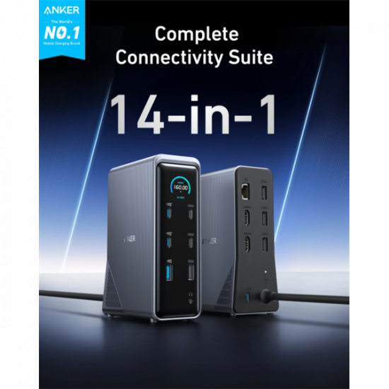 ANKER USB HUB Docking Station, , Prime 14-in-1, 160W,Dual Display, 2x 4K HDMI, USB-C 10Gbps, szürke - A83B63A1