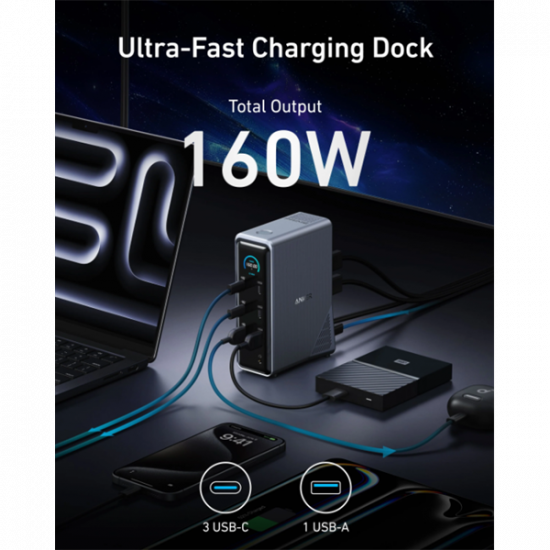 ANKER USB HUB Docking Station, , Prime 14-in-1, 160W,Dual Display, 2x 4K HDMI, USB-C 10Gbps, szürke - A83B63A1