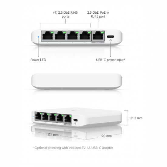 UBiQUiTi Switch 5x2500Mbps, Menedzselhető, Asztali - USW-Flex-2.5G-5