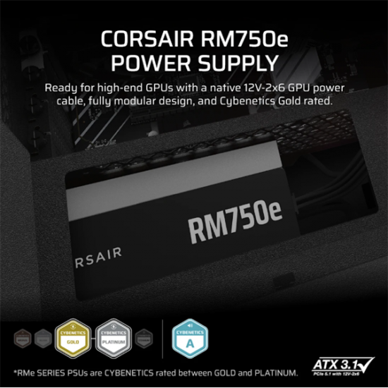 CORSAIR Tápegység Moduláris, RM750e, 750W, 12cm, ATX 3.1, PCIe 5.1, BOX, Cybenetics Gold