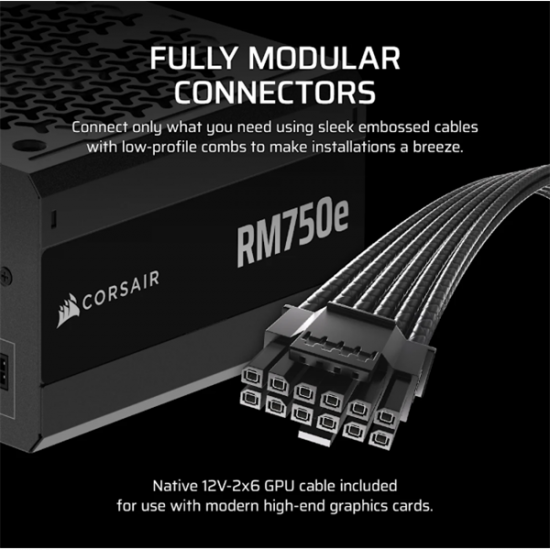 CORSAIR Tápegység Moduláris, RM750e, 750W, 12cm, ATX 3.1, PCIe 5.1, BOX, Cybenetics Gold