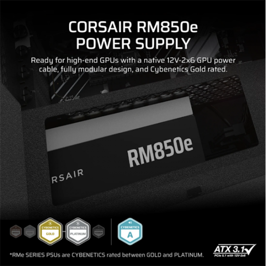 CORSAIR Tápegység Moduláris, RM850e, 850W, 12cm, ATX 3.1, PCIe 5.1, BOX, Cybenetics Gold