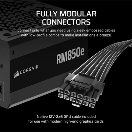 CORSAIR Tápegység Moduláris, RM850e, 850W, 12cm, ATX 3.1, PCIe 5.1, BOX, Cybenetics Gold