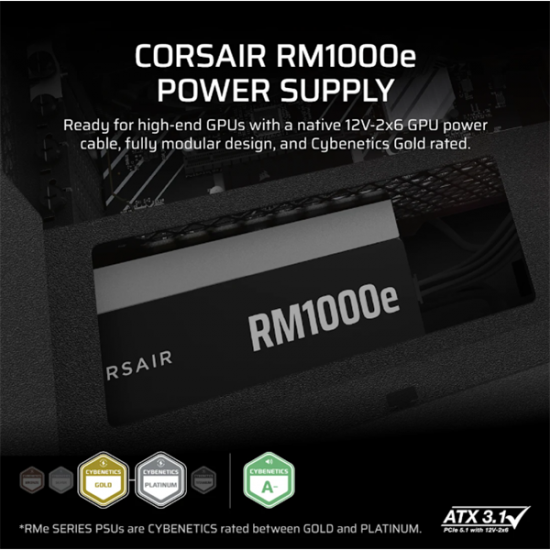 CORSAIR Tápegység Moduláris, RM1000e, 1000W, 12cm, ATX 3.1, PCIe 5.1, BOX, Cybenetics Gold