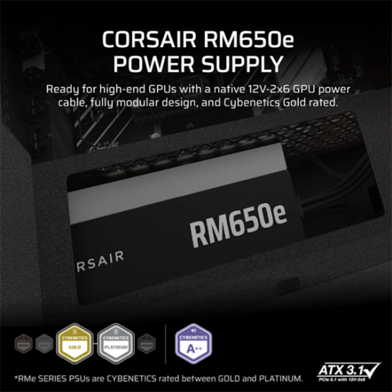 CORSAIR Tápegység Moduláris, RM650e, 650W, 12cm, ATX 3.1, PCIe 5.1, BOX, Cybenetics Gold