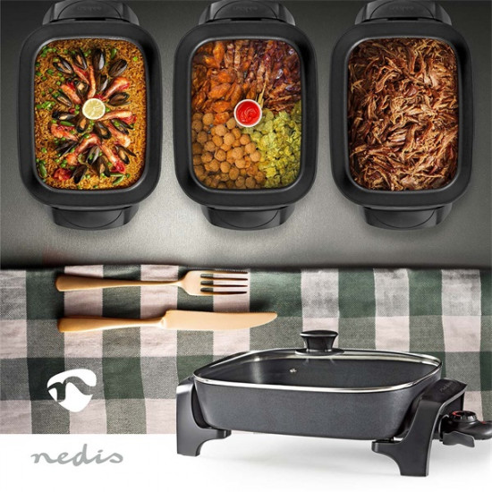 Nedis FCSP110EBK40 elektromos serpenyő, 40 cm családi kivitel, állítható hőmérséklet, cool touch, mosogatógépben mosható