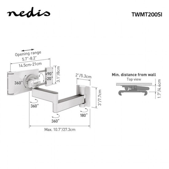 Nedis TWMT200SI 7"-12" tablet fali tartó konzol, maximum 1 kg, 360° fokban forgatható, dönthető, fehér/ezüst