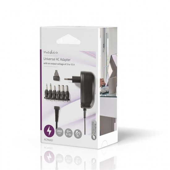 Nedis ACPA001 univerzális AC-DC tápegység, állítható 3V-12V DC 1A, 6 cserélhető táp dugó, 12W