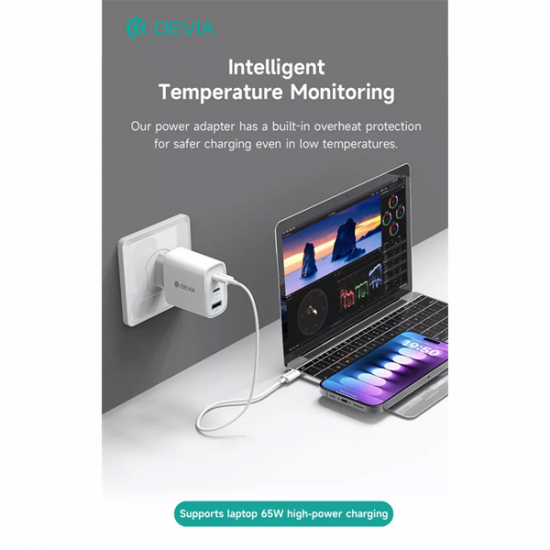 DEVIA Extreme Speed Series 65W GaN PD gyorstöltő adapter USB+2xType-C - fehér