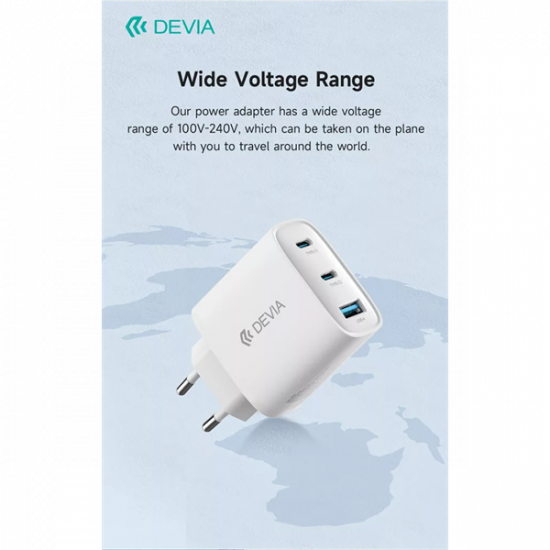 DEVIA Extreme Speed Series 65W GaN PD gyorstöltő adapter USB+2xType-C - fehér