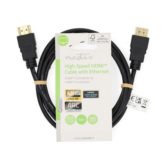 Nedis CVGL34060BK150 ultra HD HDMI kábel, HDMI dugó - dugó, 4K@60Hz, ARC, 18 Gbps, aranyozott csatlakozók, hossz 15m