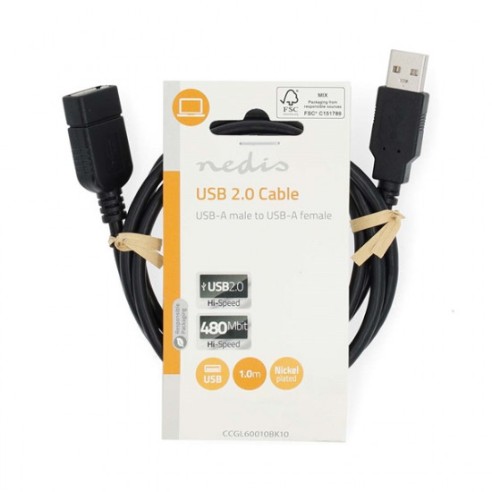 Nedis CCGL60010BK10 USB A-A (Male/Female) hosszabító / toldó kábel, USB2.0, hossz: 1m