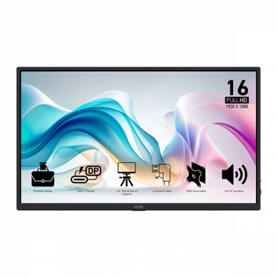 MSI Monitor Business PRO MP165 E6, 15,6" FHD 1920x1080, IPS, 250 cd/m2, 16:9, 60 Hz, 4ms, 2x USB-C, miniHDMI, Black