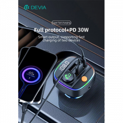 DEVIA Bluetooth FM-transmitter/autós gyorstöltő 30W PD+QC 2xUSB/AUX/MP3