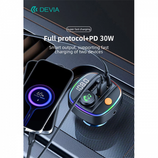 DEVIA Bluetooth FM-transmitter/autós gyorstöltő 30W PD+QC 2xUSB/AUX/MP3