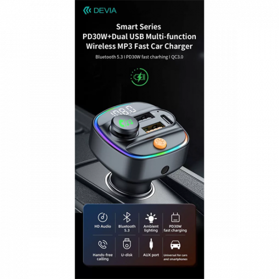 DEVIA Bluetooth FM-transmitter/autós gyorstöltő 30W PD+QC 2xUSB/AUX/MP3