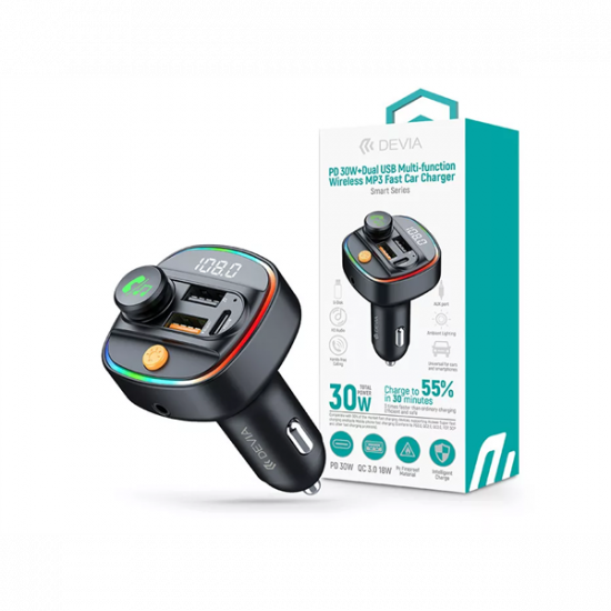 DEVIA Bluetooth FM-transmitter/autós gyorstöltő 30W PD+QC 2xUSB/AUX/MP3