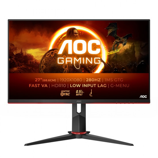 AOC Gaming 280Hz monitor 27" 27G2ZN3/BK, 1920x1080, 16:9, 300cd/m2, 0,5ms, 2xHDMI/DisplayPort, áll. mag. pivot
