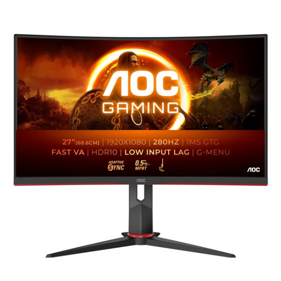 AOC Ívelt Gaming 280Hz monitor 27" C27G2Z3/BK, 1920x1080, 16:9, 300cd/m2, 0,5ms, HDMIx2/DisplayPort, állítható magasság