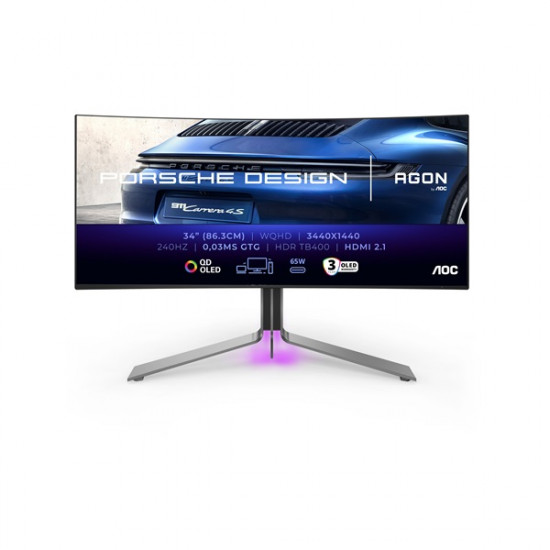 AOC Ívelt Gaming OLED 240Hz monitor 34" PD34, 3440x1440 21:9, 1000cd/m2, 0,03ms, HDMIx2/DisplayPort/USBx3