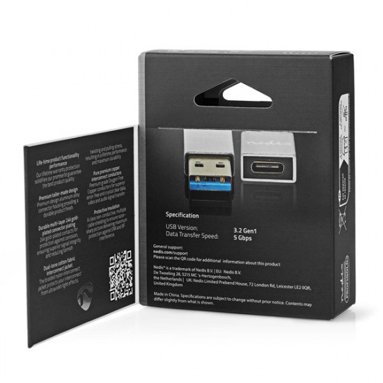 Nedis CCTB60925AL USB-A adapter, USB 3.2 Gen 1, USB-A férfi, USB-C™ anya, 5 Gbps,  kerek,  Nikkelezett, Ezüst