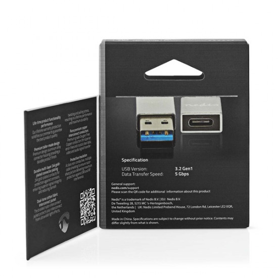 Nedis CCTB60925AL USB-A adapter, USB 3.2 Gen 1, USB-A férfi, USB-C™ anya, 5 Gbps,  kerek,  Nikkelezett, Ezüst