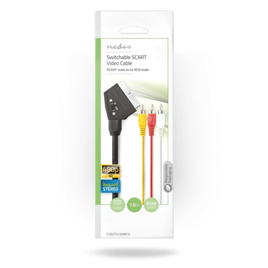Nedis CVGP31130BK10 SCART kábel, 3x RCA férfi, Nikkelezett, Kapcsolható, 480p, 1,00 m, kerek, PVC, Fekete