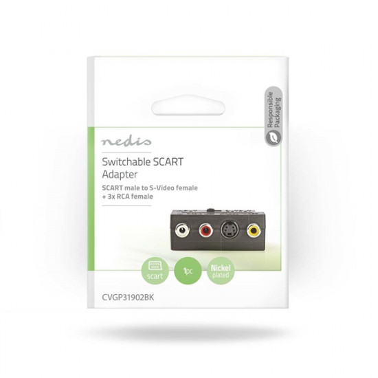 Nedis CVGP31902BK SCART adapter, SCART Férfi | S-Video nő / 3x RCA nő, Nikkelezett,  Kapcsolható, ABS, Fekete, 1 db