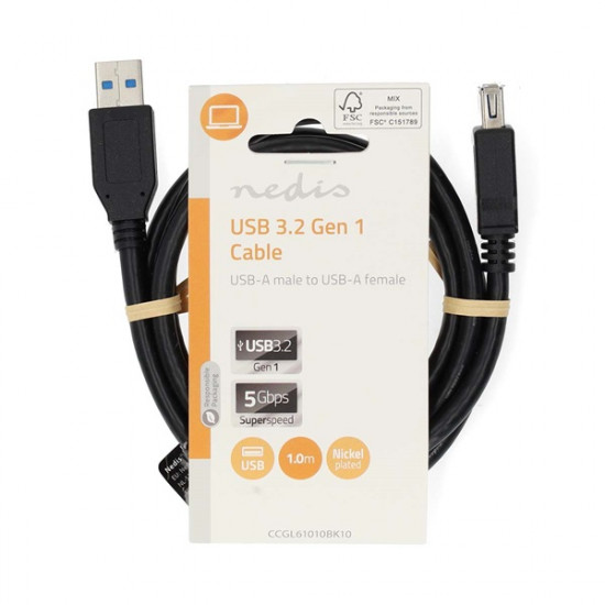 Nedis CCGL61010BK10 USB3.2 toldó / hosszabító kábel, USB A dugó, USB-A aljzat, 5 Gbps, 1m, (USB3.1, USB3.0, USB2.0)