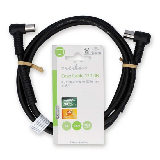 Nedis CSGL40120BK15 koax kábel, IEC (koax) férfi, IEC (koax) női, Nikkelezett,  120 dB, 75 Ohm,  Quad Shielded,  1,5m