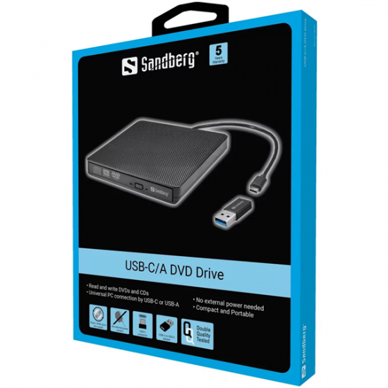 SANDBERG Külső meghajtó, USB-C/A DVD Drive