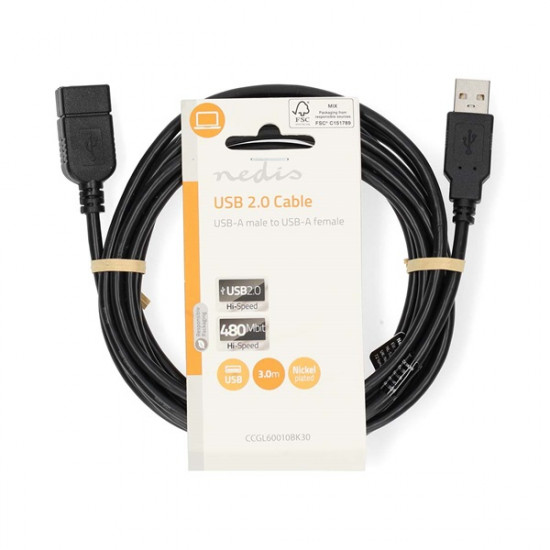 Nedis CCGL60010BK30 USB hosszabító / toldó kábel, USB 2.0 | USB-A dugó  USB-A hüvely  480 Mbps, 3m