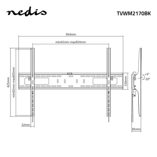 Nedis TVWM2170BK LCD TV / monitor fali tartó konzol, 60 - 100 " Max. teherbírás: 75 kg, dönthető: 5 °