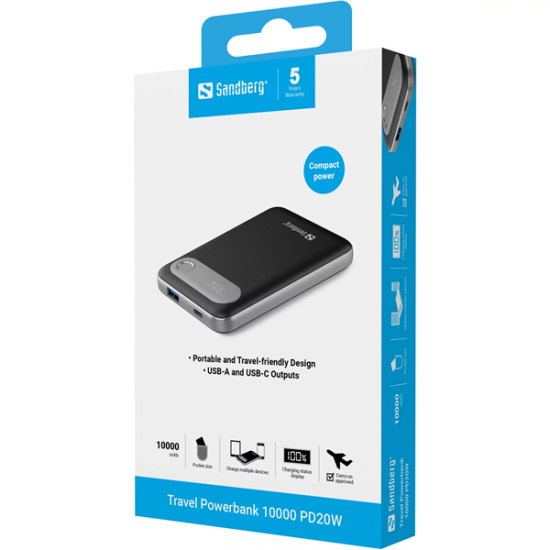 SANDBERG Hordozható akkumulátor, Travel Powerbank 10000 PD20W