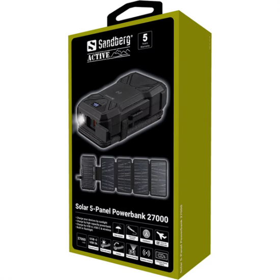 SANDBERG Hordozható akkumulátor, Solar 5-Panel Powerbank 27000
