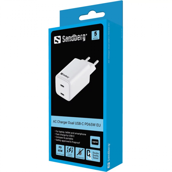 SANDBERG Hálózati töltő, AC Charger Dual UDB C PD 65W EU