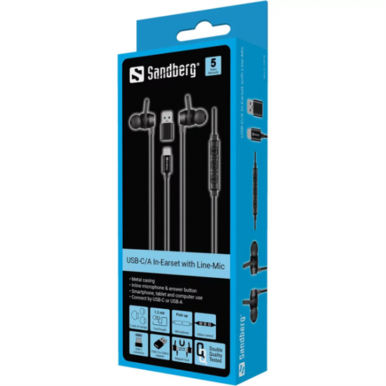 SANDBERG Fülhallgató, USB-C/A In-Earset with Line-Mic
