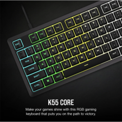 CORSAIR Vezetékes Billentyűzet Gaming, K55 CORE RGB, Médiavezérlő gombok, Cseppálló, US, fekete