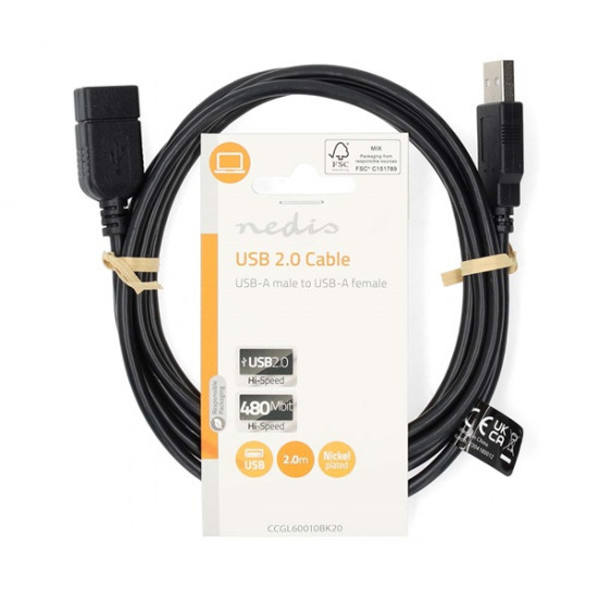 Nedis CCGL60010BK20 USB hosszabító / toldó kábel, USB2.0, hossz: 2m